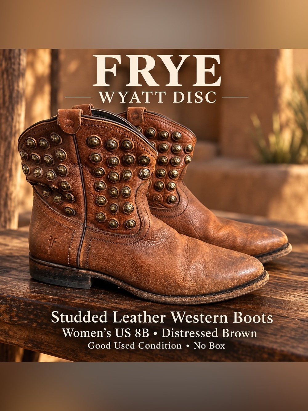 FRYE Wyatt Disc Studded Brown Leather Western Ankle Boots Size 8B